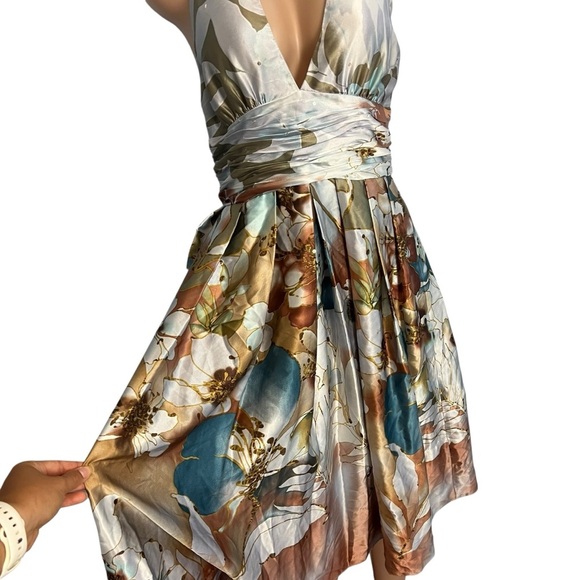 Adrianna Papell Occasions Floral Silk Halter Beaded Dress Brown & Blue - Picture 3 of 13